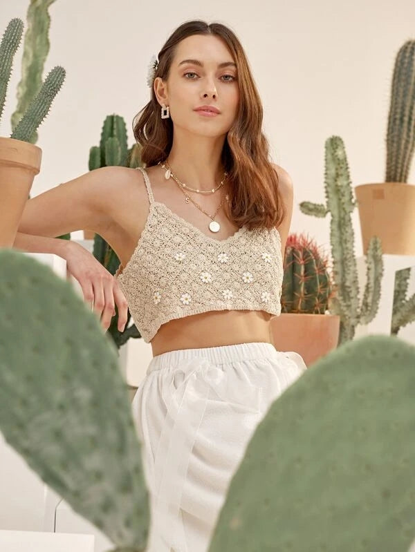 Women Summer Vacation Sleeveless Floral Crochet Solid Crop Top Crochet hook Bella Mia