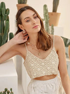 Women Summer Vacation Sleeveless Floral Crochet Solid Crop Top Crochet hook Bella Mia