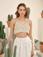 Women Summer Vacation Sleeveless Floral Crochet Solid Crop Top Crochet hook Bella Mia