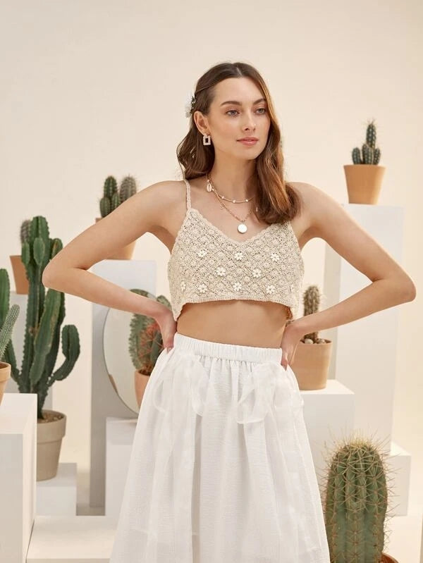 Women Summer Vacation Sleeveless Floral Crochet Solid Crop Top Crochet hook Bella Mia