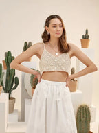Women Summer Vacation Sleeveless Floral Crochet Solid Crop Top Crochet hook Bella Mia