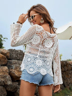 Women Summer Vacation Long Sleeve Solid Crochet Top Crochet hook Bella Mia