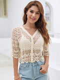 Women Summer Vacation Short Sleeve Solid Crochet Top Crochet hook Bella Mia