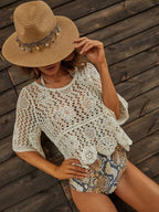 Women Summer Vacation Short Sleeve Solid Regular Crochet Top Crochet hook Bella Mia