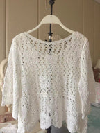 Women Summer Vacation Short Sleeve Solid Regular Crochet Top Crochet hook Bella Mia