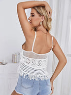 Women Summer Vacation Sleeveless Solid Regular Crochet Fringe Top Crochet hook Bella Mia