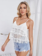 Women Summer Vacation Sleeveless Solid Regular Crochet Fringe Top Crochet hook Bella Mia