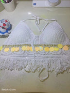 Women Summer Vacation Sleeveless Tie Crochet Crop Solid Top Crochet hook Bella Mia
