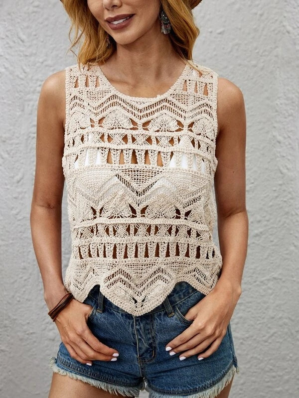 Women Summer Vacation Sleeveless Crochet Solid Top Crochet hook Bella Mia