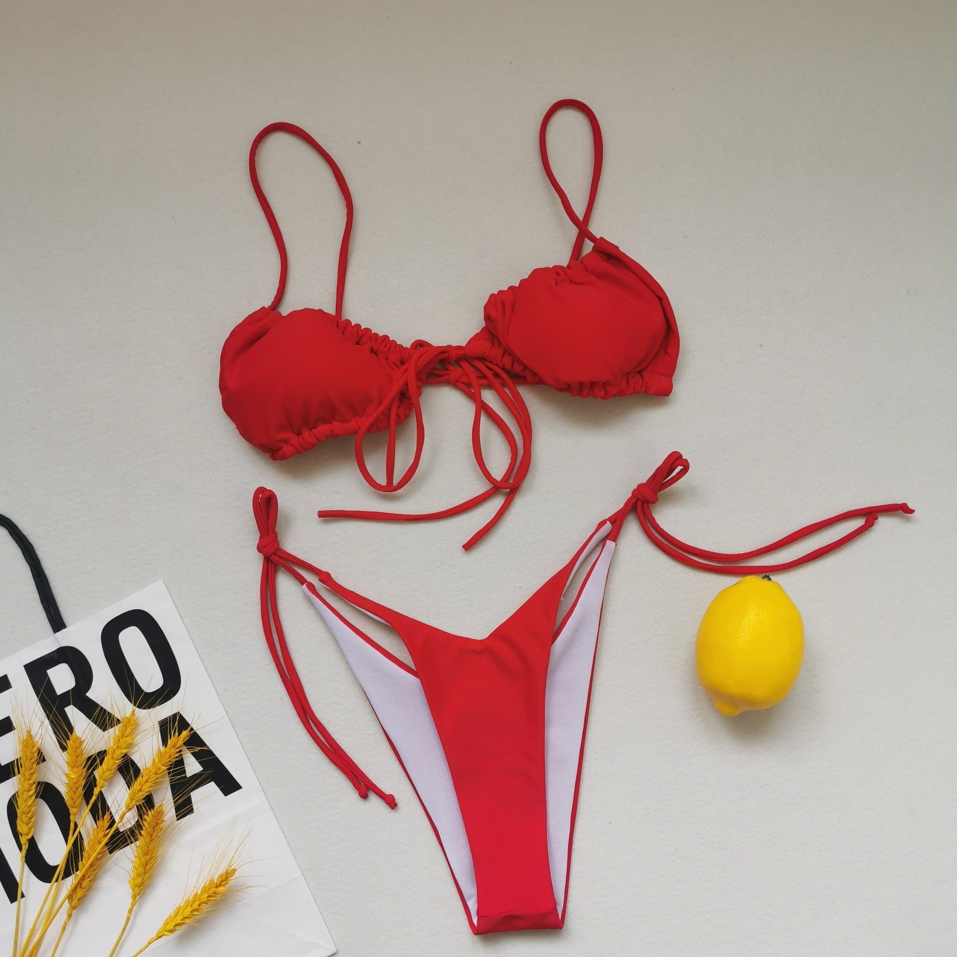 Sling Bandage Swimsuit Women Pleated Push up Drawstring Sexy Solid Color Bikini Swimsuit Bella Mia