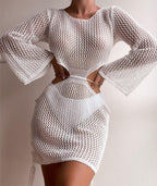Sexy Hollow Out Cutout Out Beach Knitted Long Sleeved Bikini Casual Vacation Sun Protection Dress Bella Mia