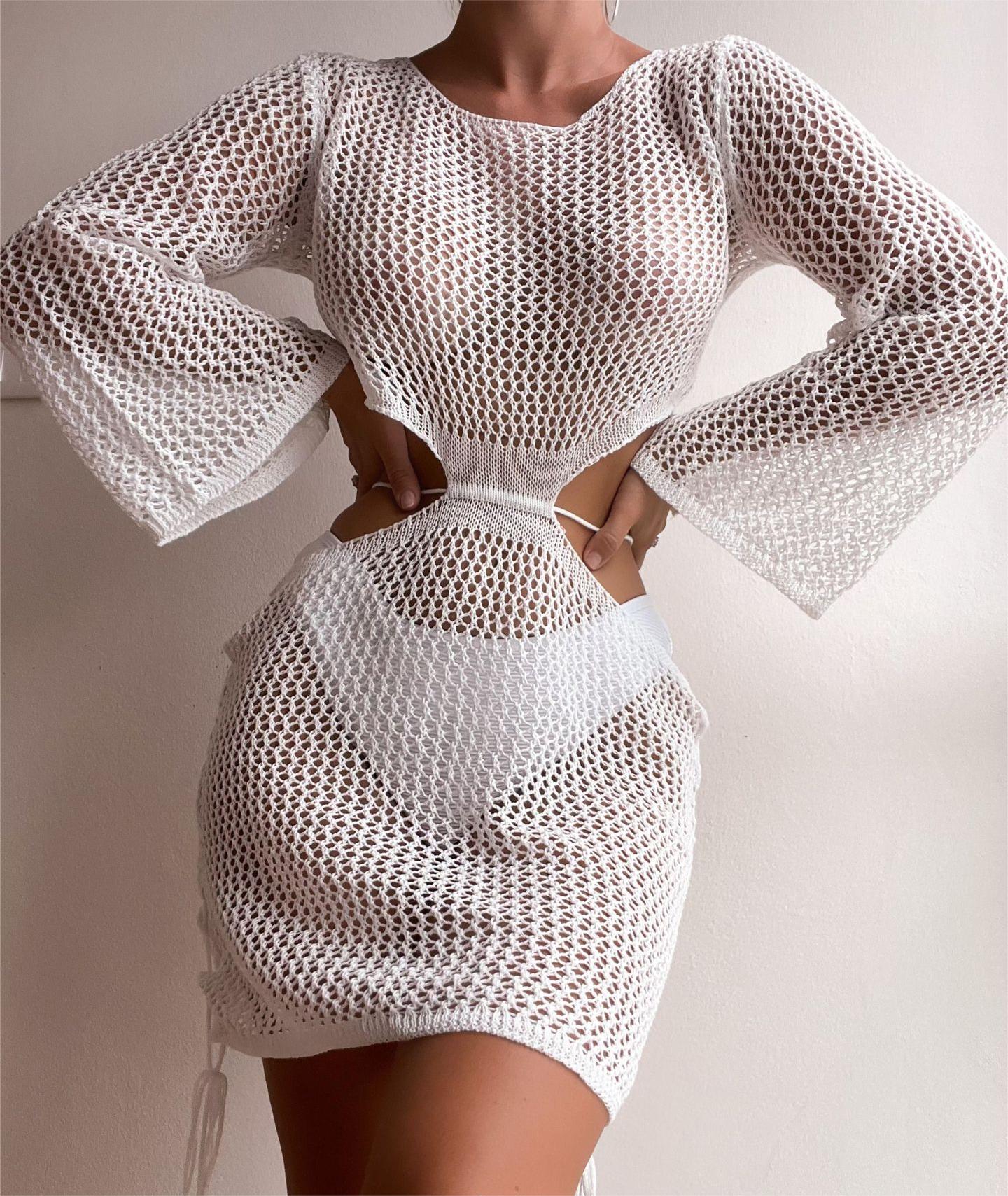 Sexy Hollow Out Cutout Out Beach Knitted Long Sleeved Bikini Casual Vacation Sun Protection Dress Bella Mia