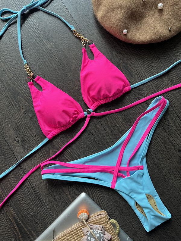 Arrival Bikini Chain Sexy Backless Split Swimsuit Nylon Color Matching Bikini Bella Mia