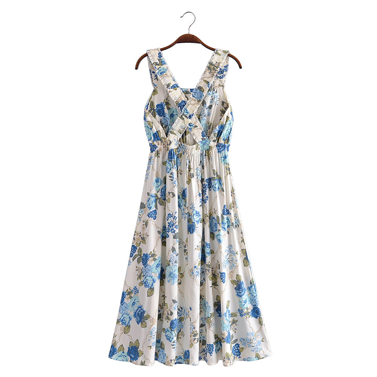 Vacation Summer Cross Backless Rayon Printing Slip Dress