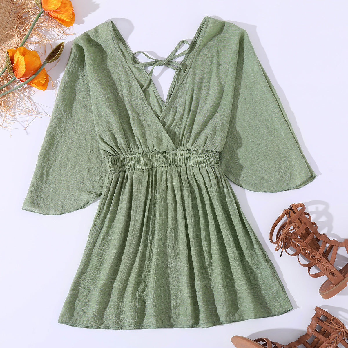 Summer Bikini Beach Dress Sun Protection by the Sea V neck Waist Controlled Long Sleeves Backless Blouse Women Bella Mia