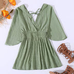 Summer Bikini Beach Dress Sun Protection by the Sea V neck Waist Controlled Long Sleeves Backless Blouse Women Bella Mia