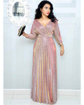 Winter African Women Wear Long Sleeve Bronzing Pleated Swing Dress with Belt Glittering Powder Fabric Bella Mia