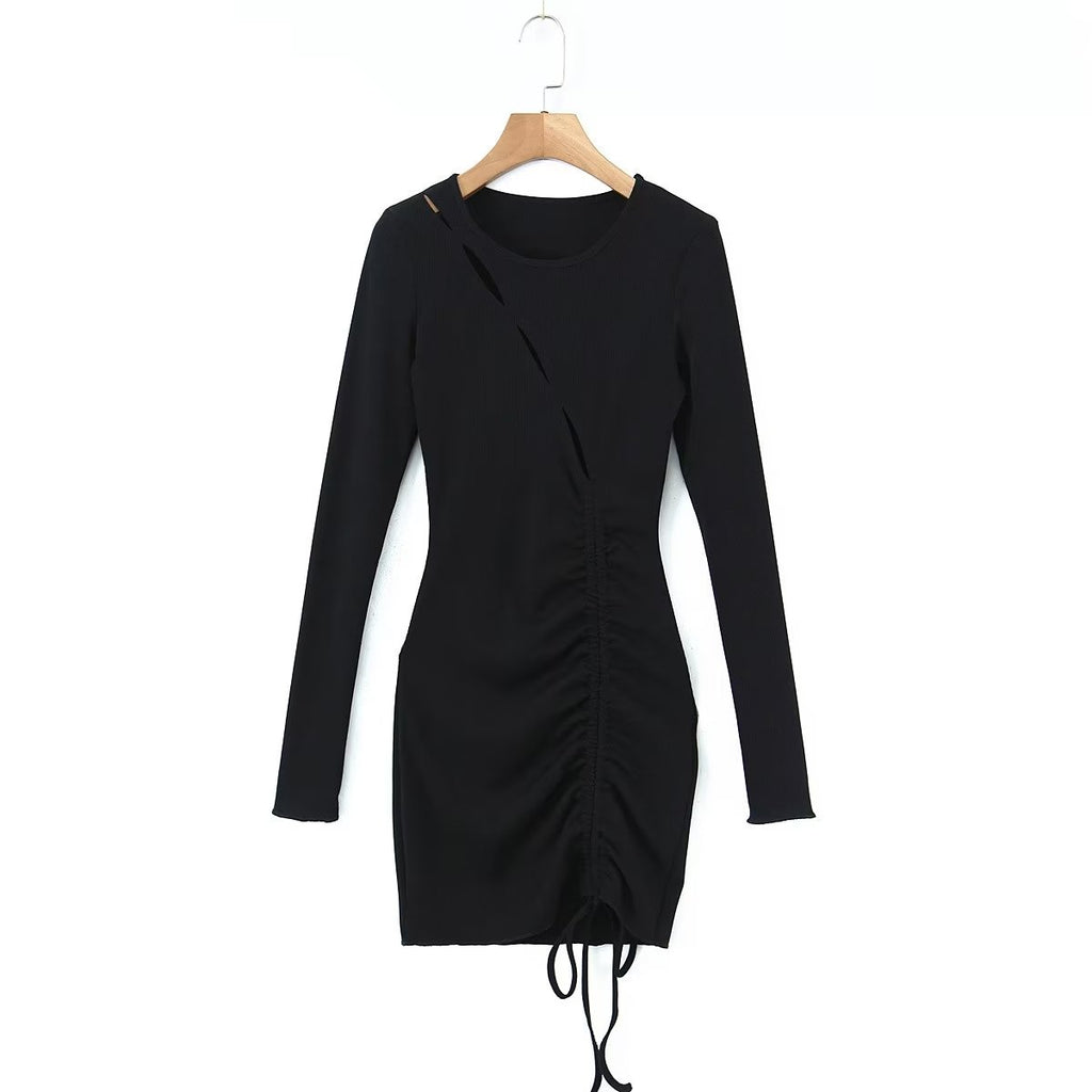 Women Clothing Spring Sexy Hollow Out Drawstring Lace Knitted Dress Hip Dress Bella Mia