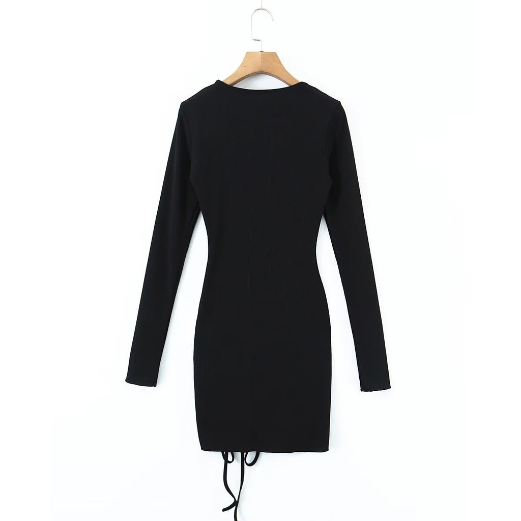 Women Clothing Spring Sexy Hollow Out Drawstring Lace Knitted Dress Hip Dress Bella Mia