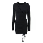 Women Clothing Spring Sexy Hollow Out Drawstring Lace Knitted Dress Hip Dress Bella Mia