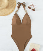 Swimsuit Women Solid Color Chain Shoulder Strap Retro Swimsuit One Piece Swimsuit Bella Mia