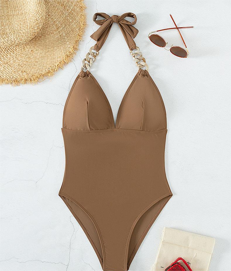 Swimsuit Women Solid Color Chain Shoulder Strap Retro Swimsuit One Piece Swimsuit Bella Mia