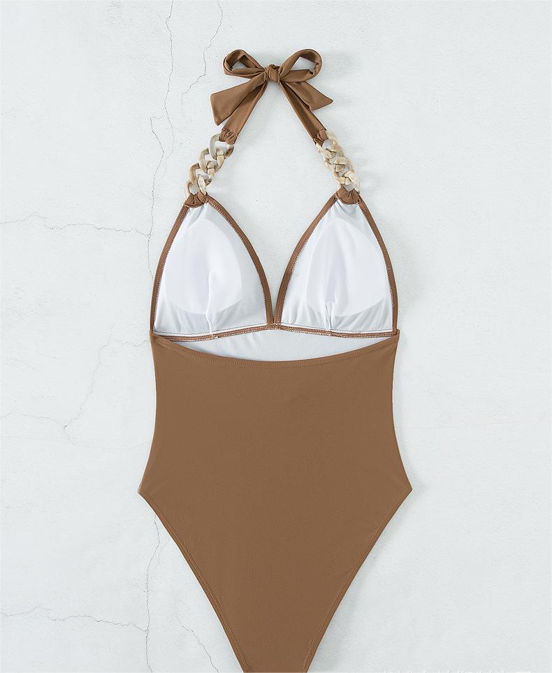 Swimsuit Women Solid Color Chain Shoulder Strap Retro Swimsuit One Piece Swimsuit Bella Mia