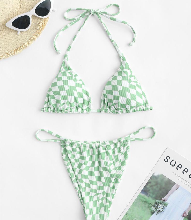 Halter Bikini Swimsuit Sexy Lace Up Plaid Solid Color Bikini Swimsuit Bella Mia