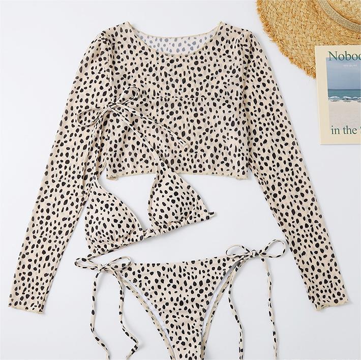 Swimsuit Long Sleeve Mesh Cover Ladies Three Piece Set Swimsuit Leopard Print Sexy Rope Bikini Bella Mia
