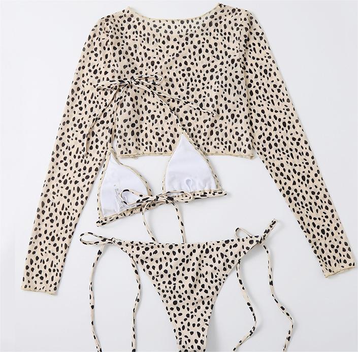 Swimsuit Long Sleeve Mesh Cover Ladies Three Piece Set Swimsuit Leopard Print Sexy Rope Bikini Bella Mia