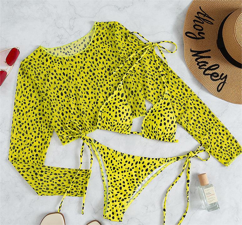 Swimsuit Long Sleeve Mesh Cover Ladies Three Piece Set Swimsuit Leopard Print Sexy Rope Bikini Bella Mia