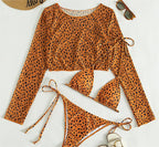 Swimsuit Long Sleeve Mesh Cover Ladies Three Piece Set Swimsuit Leopard Print Sexy Rope Bikini Bella Mia