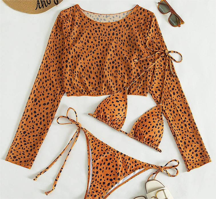 Swimsuit Long Sleeve Mesh Cover Ladies Three Piece Set Swimsuit Leopard Print Sexy Rope Bikini Bella Mia