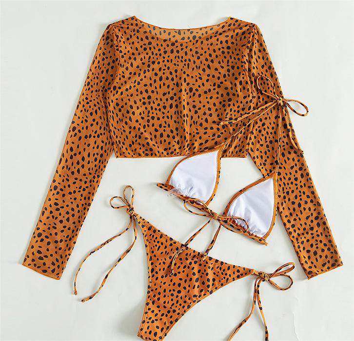 Swimsuit Long Sleeve Mesh Cover Ladies Three Piece Set Swimsuit Leopard Print Sexy Rope Bikini Bella Mia