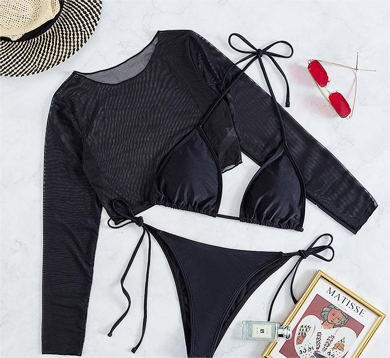 Swimsuit Long Sleeve Mesh Cover Ladies Three Piece Set Swimsuit Leopard Print Sexy Rope Bikini Bella Mia