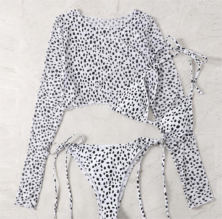 Swimsuit Long Sleeve Mesh Cover Ladies Three Piece Set Swimsuit Leopard Print Sexy Rope Bikini Bella Mia