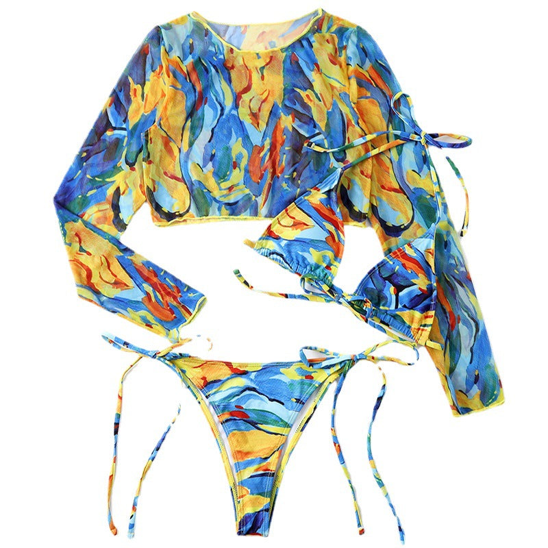 Swimsuit Long Sleeve Mesh Cover Ladies Three Piece Set Swimsuit Leopard Print Sexy Rope Bikini Bella Mia