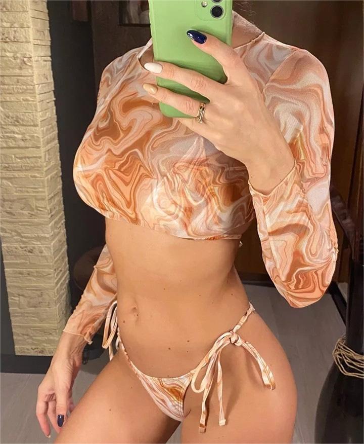 Swimsuit Long Sleeve Mesh Cover Ladies Three Piece Set Swimsuit Leopard Print Sexy Rope Bikini Bella Mia