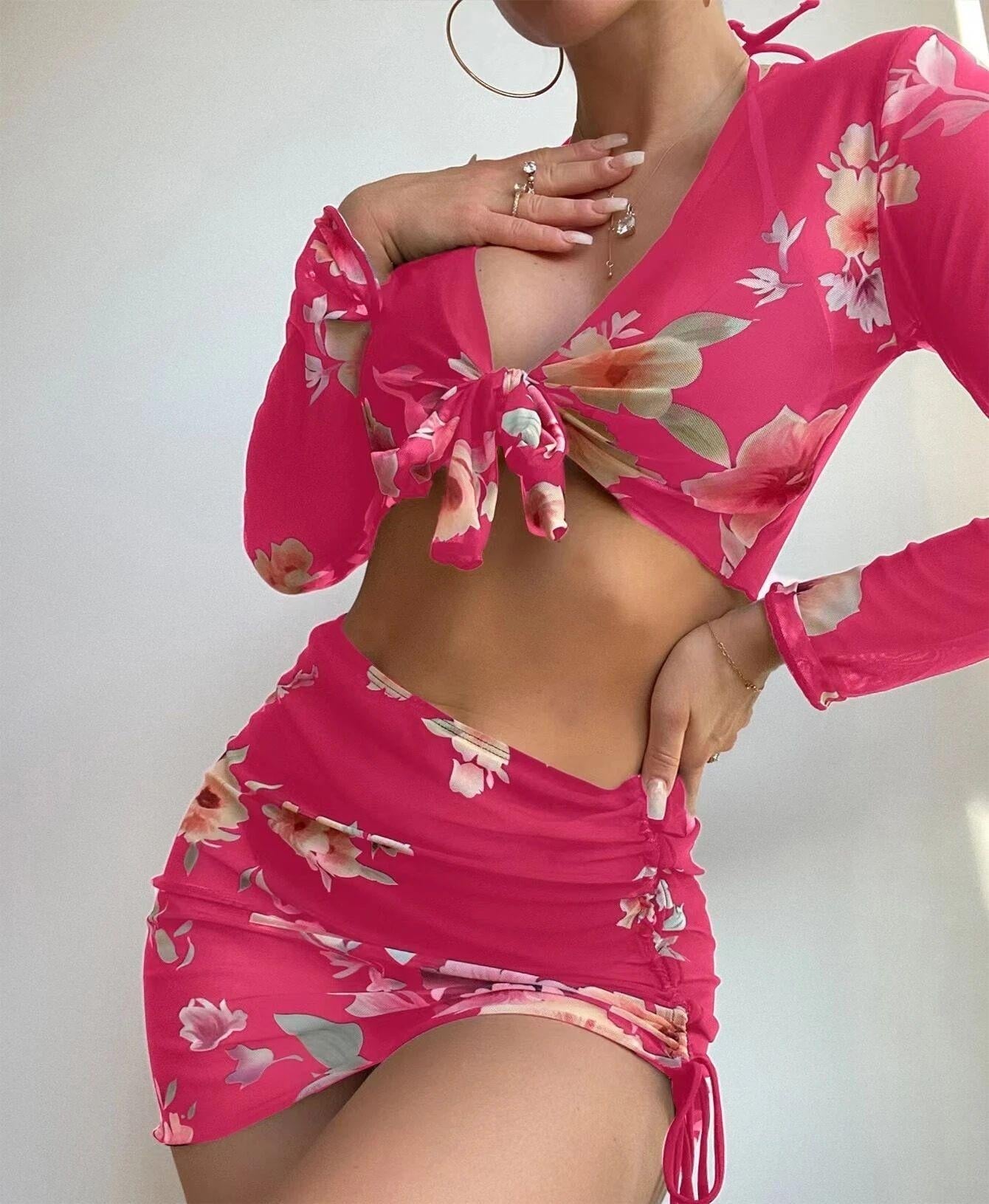 Four Piece Swimsuit Sexy Split Printed Mesh Long Sleeve Swimsuit High Profile Figure Bella Mia