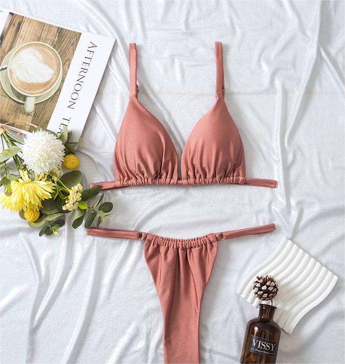 Solid Color Triangle Split Bikini Swimsuit Women Sexy Three Point Lace Up Bella Mia