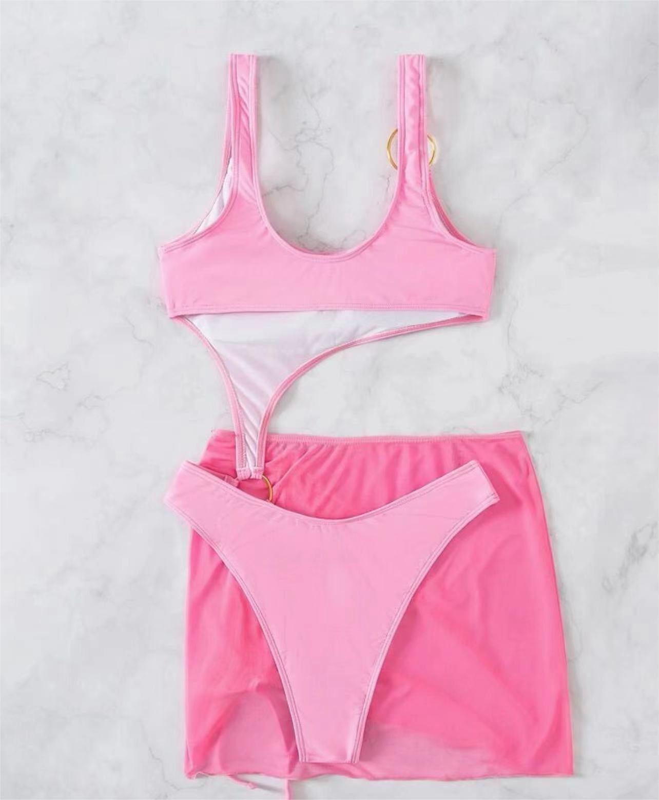 Solid Color One Piece Two Piece Suit Bikini Sexy Cutout Mesh Drawstring Swimsuit Bella Mia