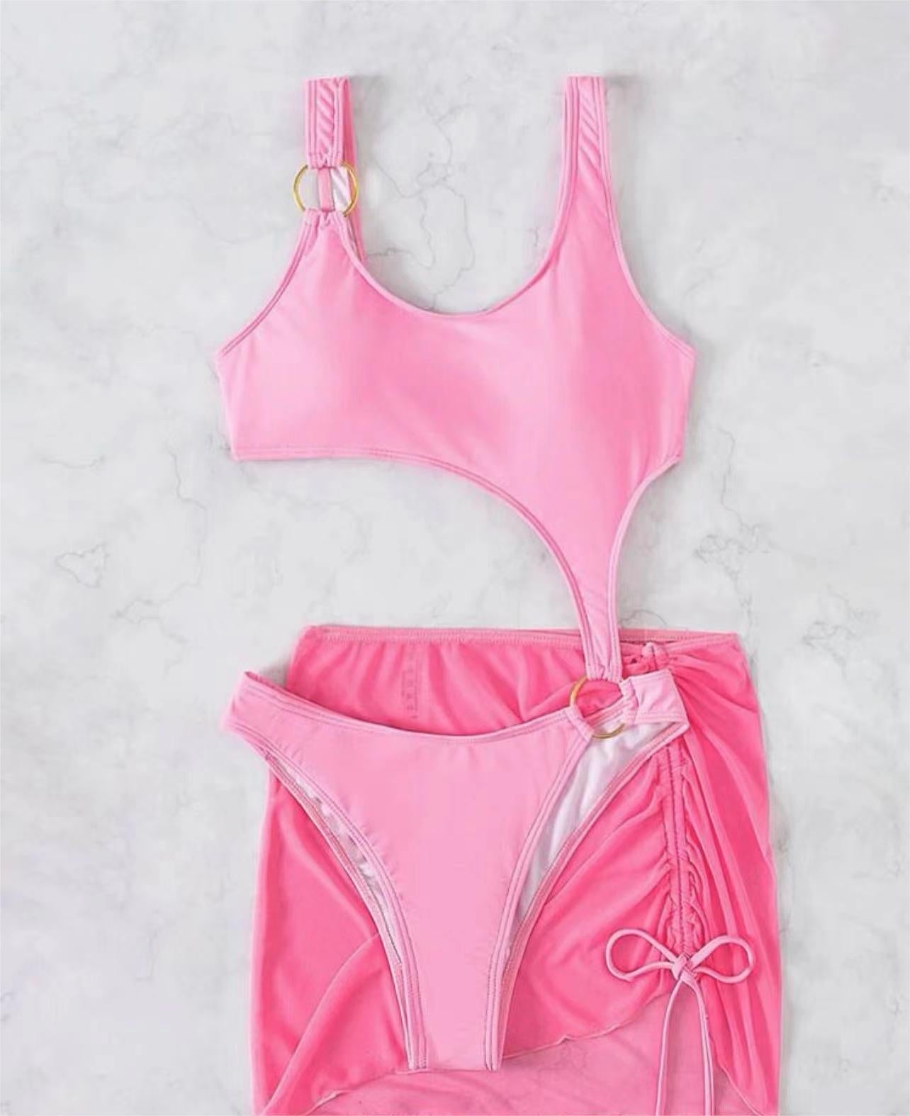 Solid Color One Piece Two Piece Suit Bikini Sexy Cutout Mesh Drawstring Swimsuit Bella Mia