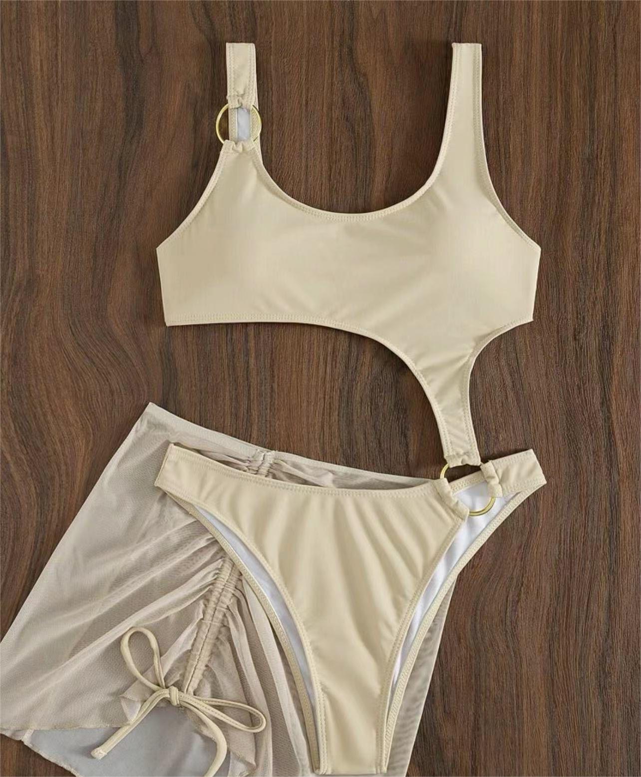 Solid Color One Piece Two Piece Suit Bikini Sexy Cutout Mesh Drawstring Swimsuit Bella Mia
