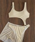Solid Color One Piece Two Piece Suit Bikini Sexy Cutout Mesh Drawstring Swimsuit Bella Mia