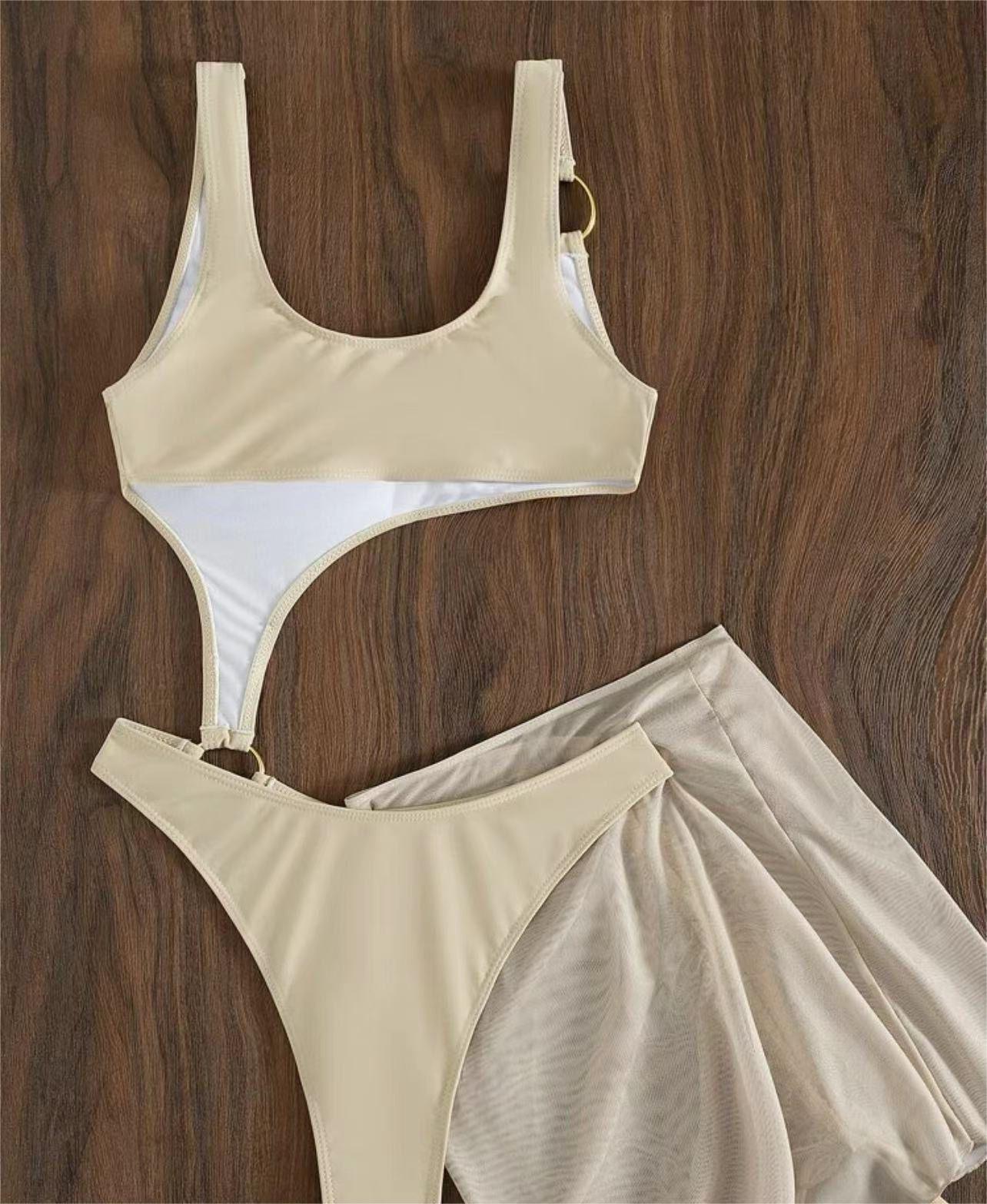 Solid Color One Piece Two Piece Suit Bikini Sexy Cutout Mesh Drawstring Swimsuit Bella Mia