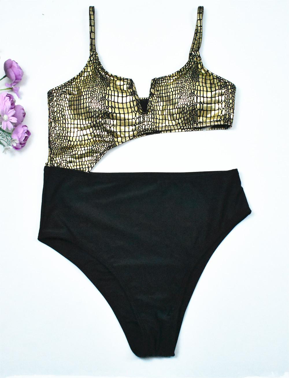 Sexy Special Fabric Black Gold Snakeskin Stitching Women Swimsuit Bella Mia