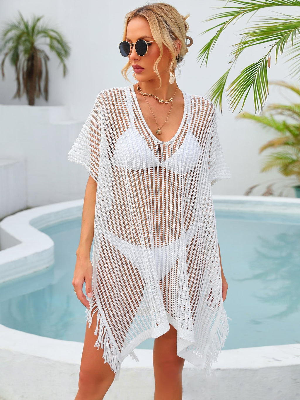 Summer Mid Length V neck Hollow Out Cutout Tassel Beachwear Holiday Shirt Seaside Sun Protection Clothing Bella Mia