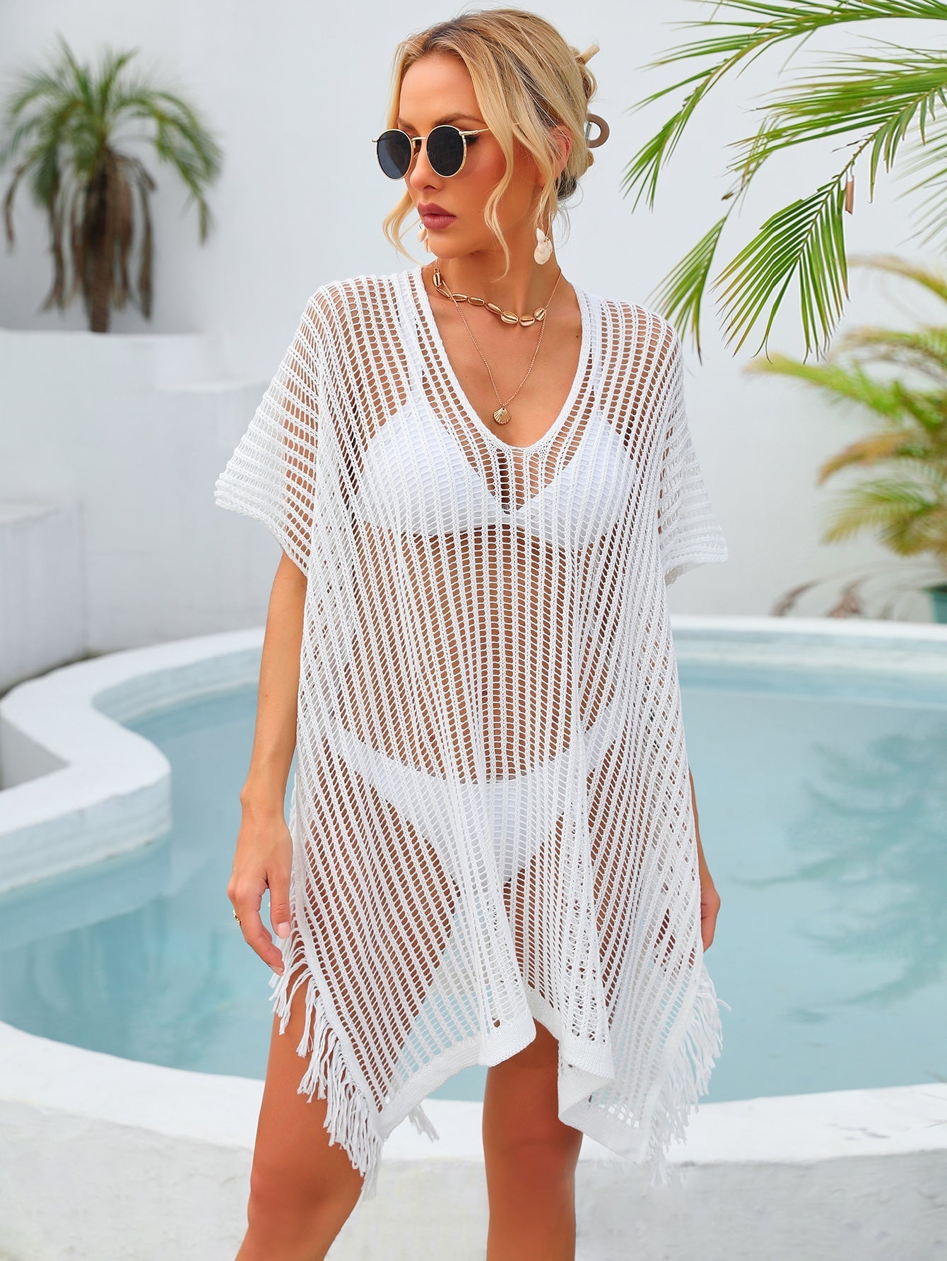 Summer Mid Length V neck Hollow Out Cutout Tassel Beachwear Holiday Shirt Seaside Sun Protection Clothing Bella Mia