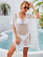 Summer Mid Length V neck Hollow Out Cutout Tassel Beachwear Holiday Shirt Seaside Sun Protection Clothing Bella Mia