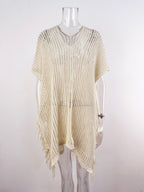 Summer Mid Length V neck Hollow Out Cutout Tassel Beachwear Holiday Shirt Seaside Sun Protection Clothing Bella Mia